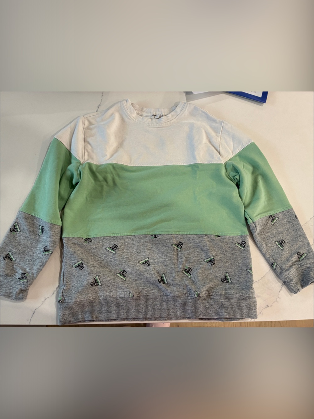 Kids Colorblock Crewneck Sweater in White, Sage Green & Heather Gray